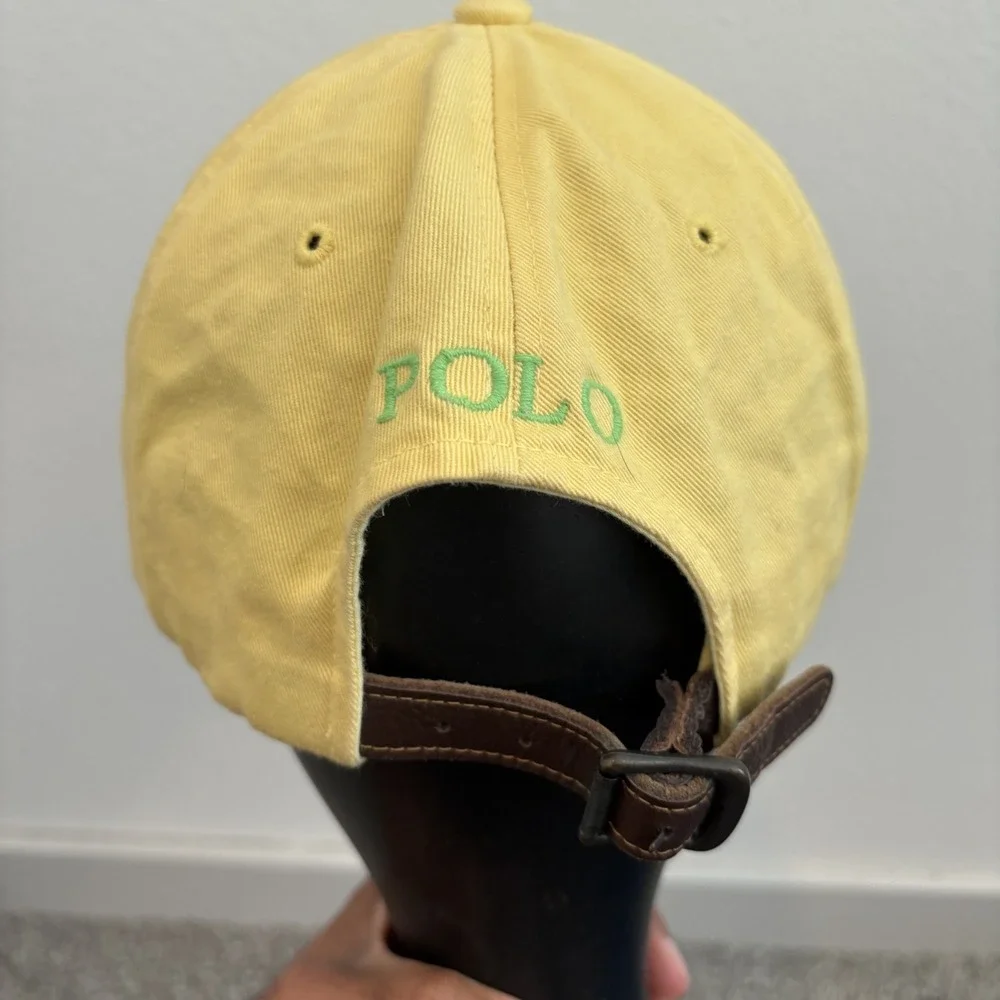 Vintage Polo Ralph Lauren Yellow Cap‎ Hat OS Adjustable Leather Strap Green Pony